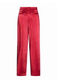 Pantalons larges en satin rouge avec une texture lisse, dotés d'une taille haute et de deux poches arrière. Design élégant et moderne.