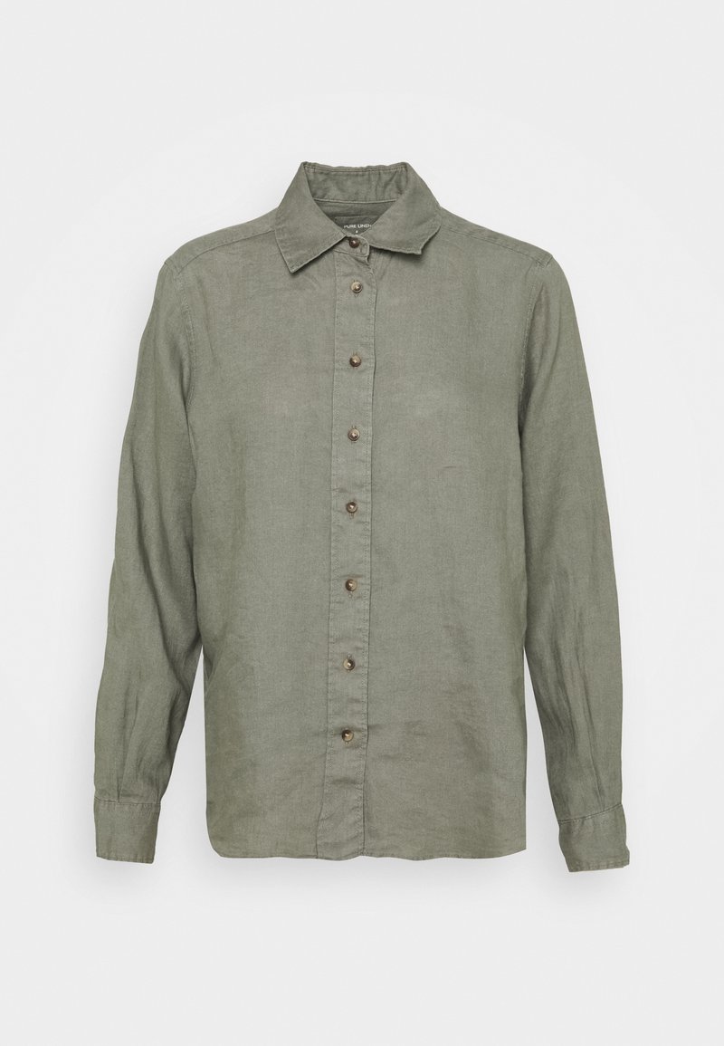 Chemise à manches longues vert olive avec col et poignets, en tissu léger en lin.