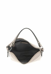 Sac à main en cuir beige avec un extérieur lisse et un intérieur à motifs noirs. Dispose d'une poignée courbée et d'accents en métal.