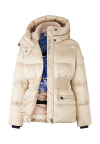 Puff jakke i beige med quiltet design, der har en pelsforet hætte, elastisk talje og lynlåslommer. Farverigt inderslag.