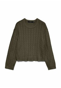 Oliwkowy sweter dziany z wzorem w warkocze, okrągłym dekoltem oraz ściągaczami przy mankietach i u dołu. Skrócona forma z fakturowanym wyglądem.