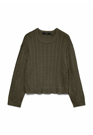 Suéter de lana verde oliva con un patrón de trenzas, cuello redondo y puños y dobladillo acanalados. Diseño corto con un aspecto texturizado.