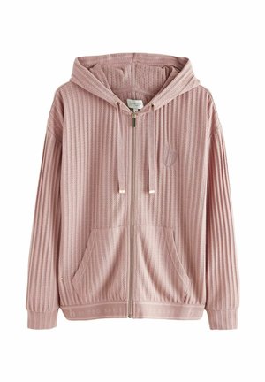 Jasnoróżowa bluza z kapturem na zamek, wykonana z materiału ribbed, z kapturem, bocznymi kieszeniami i detalem z logo blisko zamka. Miękka tekstura.