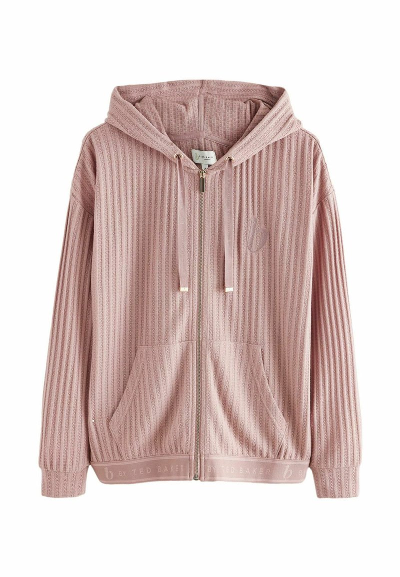 Helle rosa Zip-Hoodie aus geripptem Stoff, mit Kapuze, Fronttaschen und einem Logodetail in der Nähe des Reißverschlusses. Weicher Stoff.