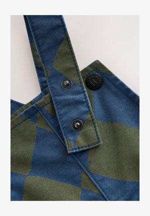 Sinine ja roheline mustriline kangas tikkimismustriga. Omab reguleeritavaid trakke ja musti pressnuppe sulgemiseks. Tekstureeritud lõuendmaterjal.