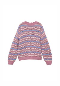 Maglione lavorato a maglia rosa con motivi zigzag in blu e crema. Maniche lunghe, collo rotondo e finitura testurizzata. Design a maglia aperta che aggiunge dettaglio.
