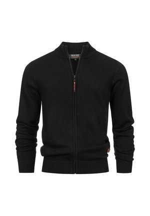 Cardigan en tricot noir avec un col montant, fermeture éclair sur toute la longueur, poignets et ourlet côtelés. Présente un petit logo en cuir.