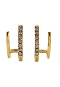 Złote kolczyki z pionowym paskiem, zdobione małymi, okrąg�łymi, przezroczystymi cyrkoniami po jednej stronie, z teksturowaną powierzchnią.