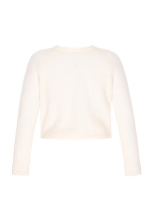 Pulover alb scurt, cu mâneci lungi, dintr-un material texturat și cu un gât rotund. Fără cusături vizibile sau embellishments.