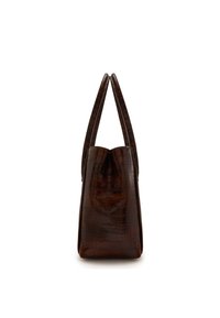 Brown croc-embossed leather bag with a soft, structured shape, featuring two slender, elongated handles. Smooth texture and minimalistic design.