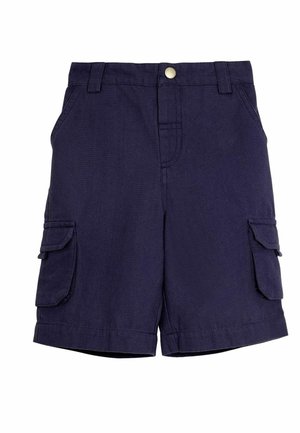 Pantaloni cargo navy con due tasche laterali, chiusura con bottone e passanti per cintura; realizzati in tessuto strutturato con dettagli cuciti.
