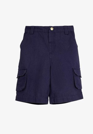 Jūras spēku krāsu šorti ar divām sānu kabatām, pogu aizdari un jostu cilpām; izgatavoti no teksturēta auduma ar šuvju detaļām.