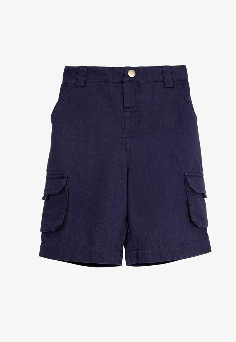 Jūras spēku krāsu šorti ar divām sānu kabatām, pogu aizdari un jostu cilpām; izgatavoti no teksturēta auduma ar šuvju detaļām.