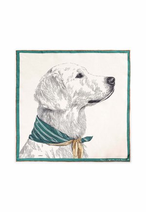 Boceto detallado de un golden retriever que lleva una bufanda verde a rayas con una cinta amarilla sobre un fondo crema con un borde verde.