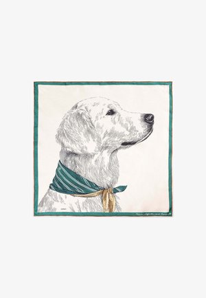 Boceto detallado de un golden retriever que lleva una bufanda verde a rayas con una cinta amarilla sobre un fondo crema con un borde verde.