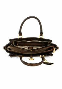 Sac à main marron imitation croco avec ferrures dorées. Intérieur ouvert montrant plusieurs compartiments et une doublure à motifs. Poignées doubles incluses.