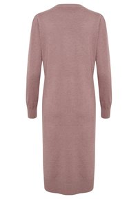 Dolga rokav, roza obleka iz mehkega pletenega materiala, z okroglo ovratnikom in ravno silhueto, z rebrastimi manšetami in robom.