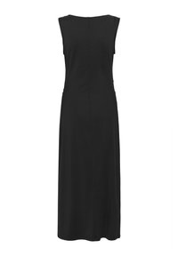 Rochie maxi neagră, fără mâneci, cu croială dreaptă, având un decolteu tip crew și o cusătură subtilă pe spate. Material neted, fără modele sau embellishe.