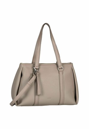 Sac à main en cuir taupe avec deux poignées, une bandoulière détachable, une finition texturée et une fermeture éclair sur le dessus.