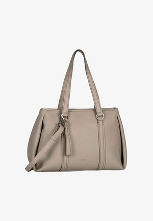 Sac à main en cuir taupe avec deux poignées, une bandoulière détachable, une finition texturée et une fermeture éclair sur le dessus.