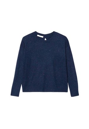 Pull marin à manches longues, col rond et coupe légèrement ample. Le matériau présente de subtils éclats multicolores, offrant texture et dimension.