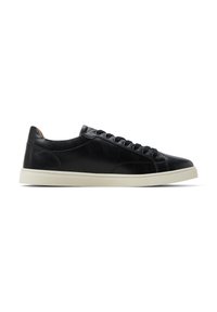 Svarta lädersneakers med en slät yta, som har en låg design, sex öglor och en kontrasterande off-white gummisula.