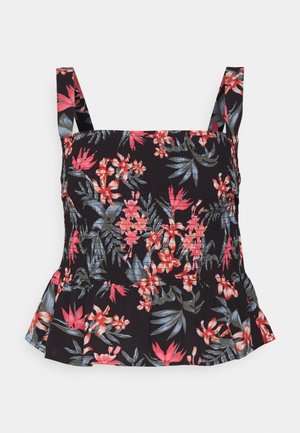 Top peplum floral com fundo preto, apresentando padrões de flores vermelhas, rosas e verdes. Corpete franzido e alças ajustáveis. Tecido macio.