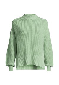 Jasnozielony, oversize'owy sweter wykonany na drutach, z karbowaną fakturą, okrągłym dekoltem oraz obniżonymi szwami na ramionach. Posiada skróconą linię dołu.