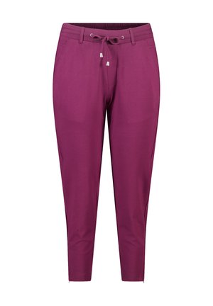 Paarse taps toelopende joggingbroek met elastische tailleband en trekkoord. Voorzien van ritszakken en een gladde stoftextuur.
