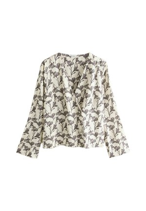 Floral wrap blouse in cream with dark floral patterns. Long sleeves, soft fabric, v-neck design, and loose fit. No visible fastenings.