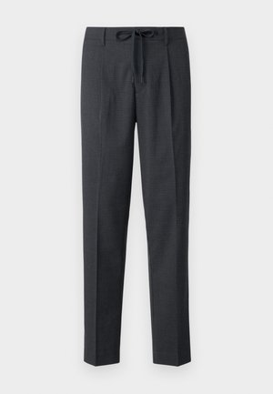 Tailored dark gray pants with a textured pattern, straight fit, and adjustable tie waistband. Smooth fabric with neatly finished seams.