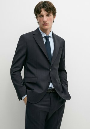 Jeune homme aux cheveux bruns portant un costume sombre à fines rayures, une chemise bleu clair rayée et une cravate bleu foncé, les mains dans les poches sur fond blanc.