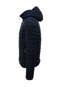 Giacca a vento blu navy con cappuccio, caratterizzata da un design trapuntato, tasca laterale con zip e una silhouette affusolata. Texture morbida.