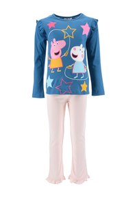 Blue long-sleeve shirt with colorful cartoon characters and stars; paired with soft pink pajama pants featuring ruffled hems.