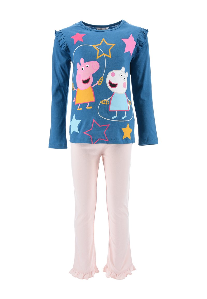 Blue long-sleeve shirt with colorful cartoon characters and stars; paired with soft pink pajama pants featuring ruffled hems.