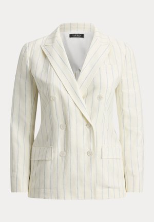 Sacou alb cu două rânduri de nasturi, dungi verticale subțiri albastre, rever decupat, închidere cu nasturi și buzunare cu clapetă.