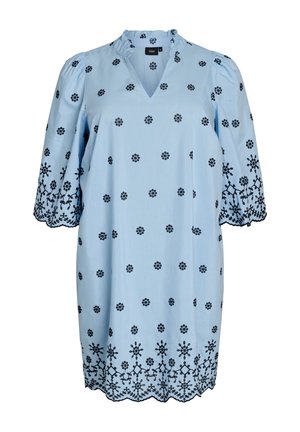 Light blue dress with black floral embroidery, scalloped edges, 3/4 sleeves, and a V-neck with a slight ruffle collar.