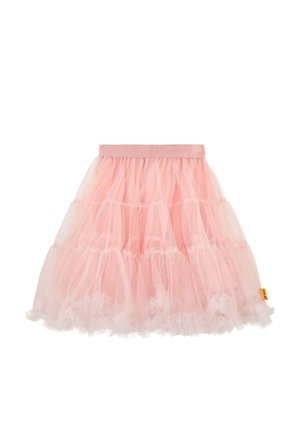 Pink layered tulle skirt with elastic waistband and ruffled hem, designed for a child, against a white background.
