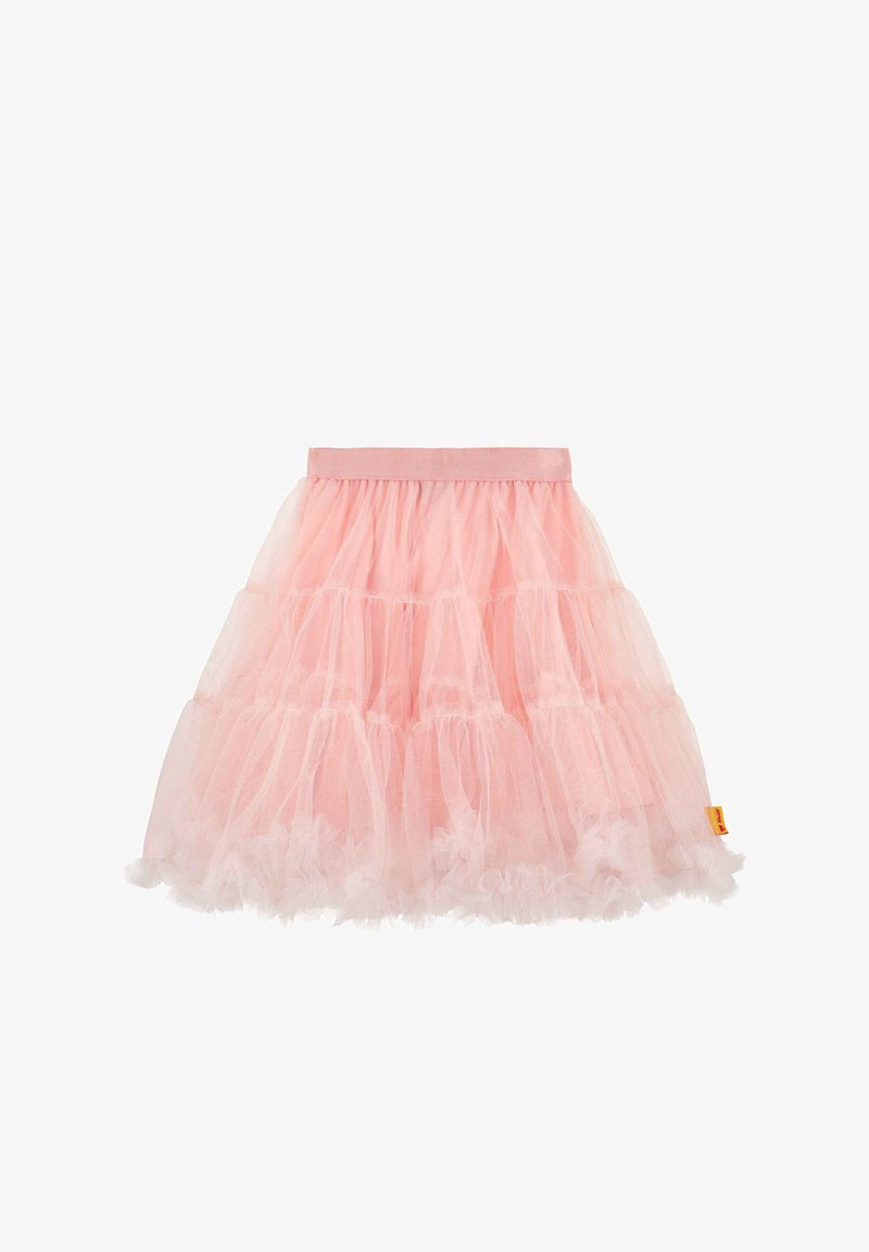 Falda de tul rosa en capas con cintura elástica y dobladillo fruncido, diseñada para un niño, sobre un fondo blanco.