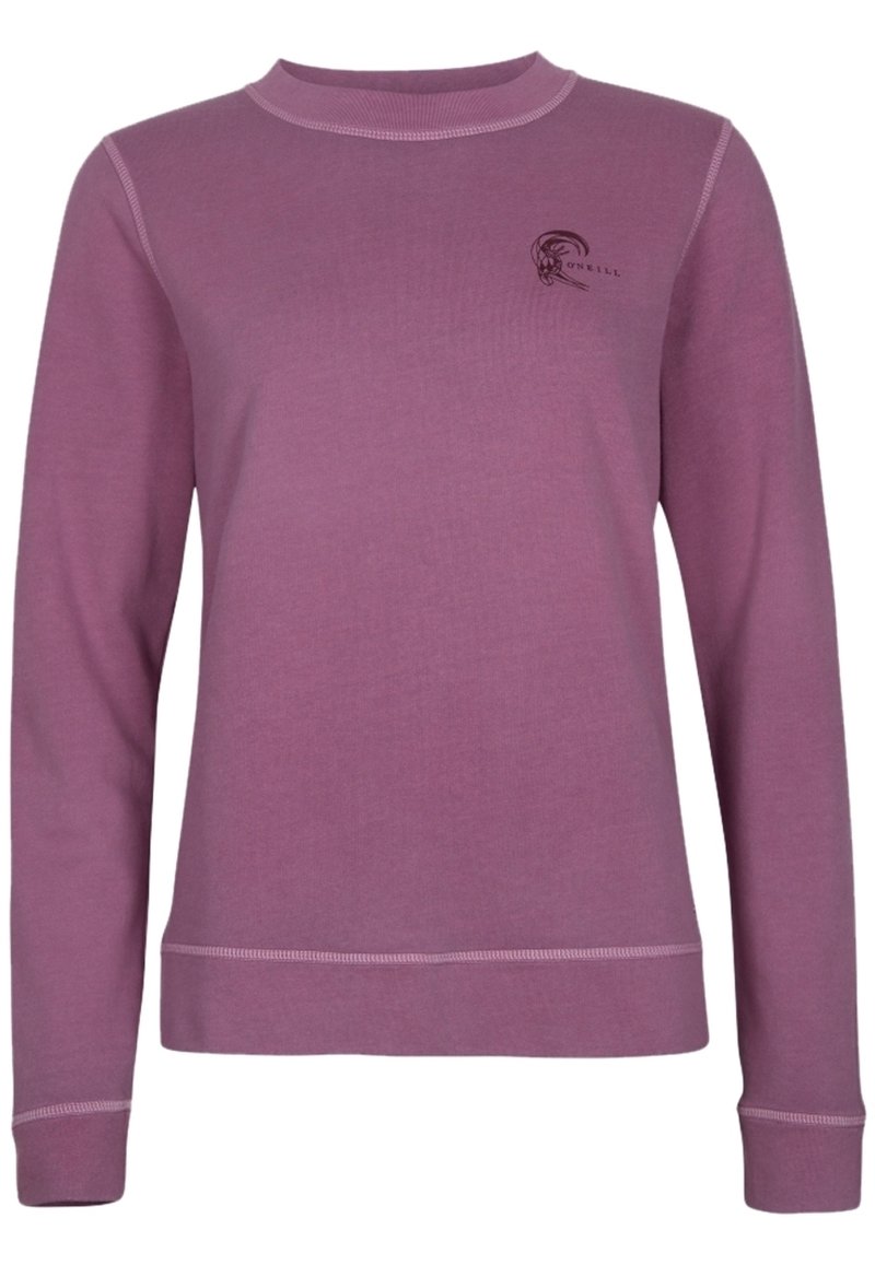 Fialová mikina s dlouhým rukávem vyrobená z měkké tkaniny. Obsahuje kulatý výstřih, ploché švy a malé logo na hrudi.