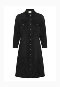 Vestido de camisa de mezclilla negra con cuello puntiagudo, dos bolsillos frontales, cierre de botones y mangas 3/4. Silueta en A ligeramente acampanada.