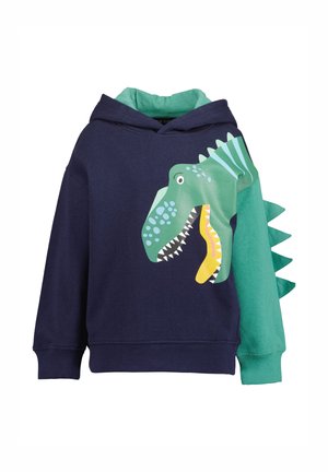 Navyblå og grøn børnehoodie med dinosauransigt grafik foran og stofspidser langs det ene ærme og skulder.