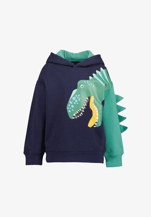 Kinder-Hoodie in Navy und Grün mit Dinosaurier-Gesichtsgrafik auf der Vorderseite und Stoffspikes entlang eines Ärmels und der Schulter.
