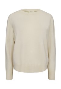 Maglione color crema realizzato in morbido tessuto. Presenta un collo rotondo, maniche lunghe e polsini e orlo a costine. Design semplice e versatile.
