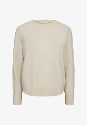 Maglione color crema realizzato in morbido tessuto. Presenta un collo rotondo, maniche lunghe e polsini e orlo a costine. Design semplice e versatile.