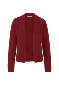 Burgunderfarbener Strickcardigan mit offenem Vorderteil, gerippter Textur und langen Ärmeln. Hat einen geraden Schnitt und dezente Schulterdetails.