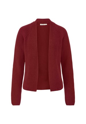 Burgunderfarbener Strickcardigan mit offenem Vorderteil, gerippter Textur und langen Ärmeln. Hat einen geraden Schnitt und dezente Schulterdetails.
