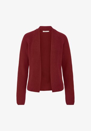Bordeaux gebreide cardigan met open voorkant, geribbeld textuur en lange mouwen. Heeft een rechte snit en subtiele schouderdetails.