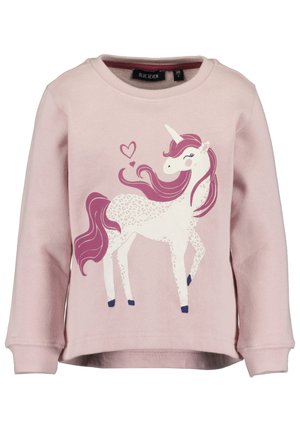 Rosa Sweatshirt aus Baumwolle mit einem weißen Einhorn-Motiv mit lila Mähne und Akzenten sowie einem Herz-Design darüber. Lange Ärmel.