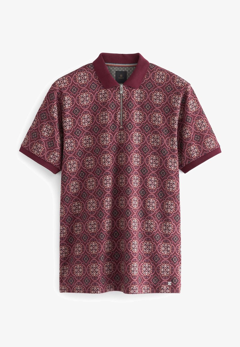Polo bordeaux à manches courtes avec un motif floral géométrique et une fermeture éclair devant, fabriqué par la marque NEXT.